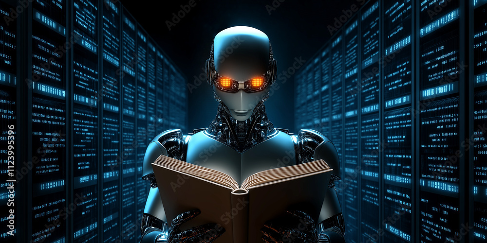 Aufkleber Robot reading book learning artificial intelligence in server room