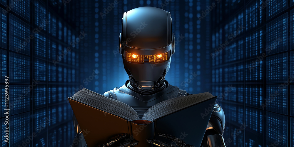 Poster Robot reading book learning artificial intelligence inside server room