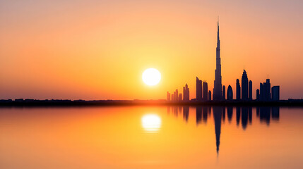 Fototapeta premium Dubai cityscape, modern skyline, sunset, orange sky, silhouette