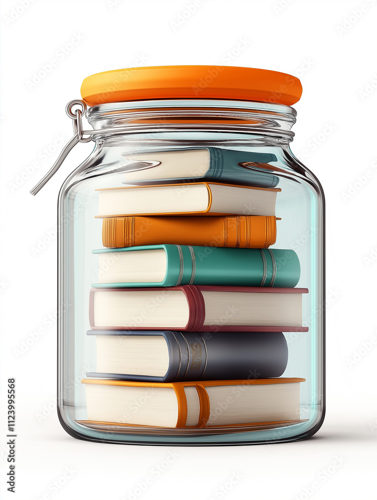 Poster Preserving knowledge: stack of colorful books inside a glass jar