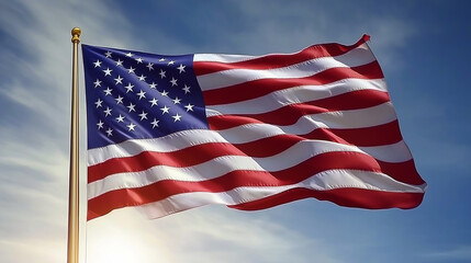 American flag waving in the wind on a sunny day