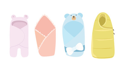 Newborn and infant baby sleeping bag vector set. Envelope and blanket collection for newborn. Blanket for discharging babies from maternity hospital. Baby element.
