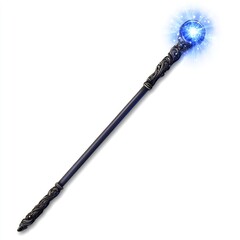 Ornate dark wand, glowing blue orb.