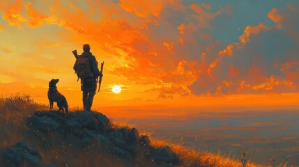 Obraz premium Man and dog silhouette at sunset, overlooking vast landscape.
