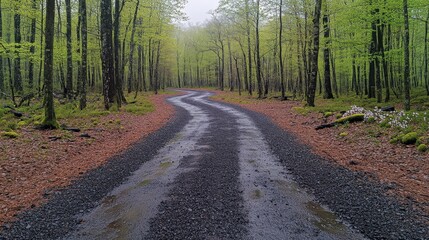 Obraz premium A winding gravel path through a lush green forest after rain.