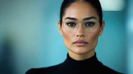 Fototapeta premium A confident businesswoman stands in a contemporary office, demonstrating professionalism and focus while wearing stylish glasses and a chic outfit