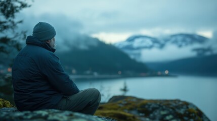 A man gazes thoughtfully over a foggy fjord during twilight, surrounded by mountains and peaceful water