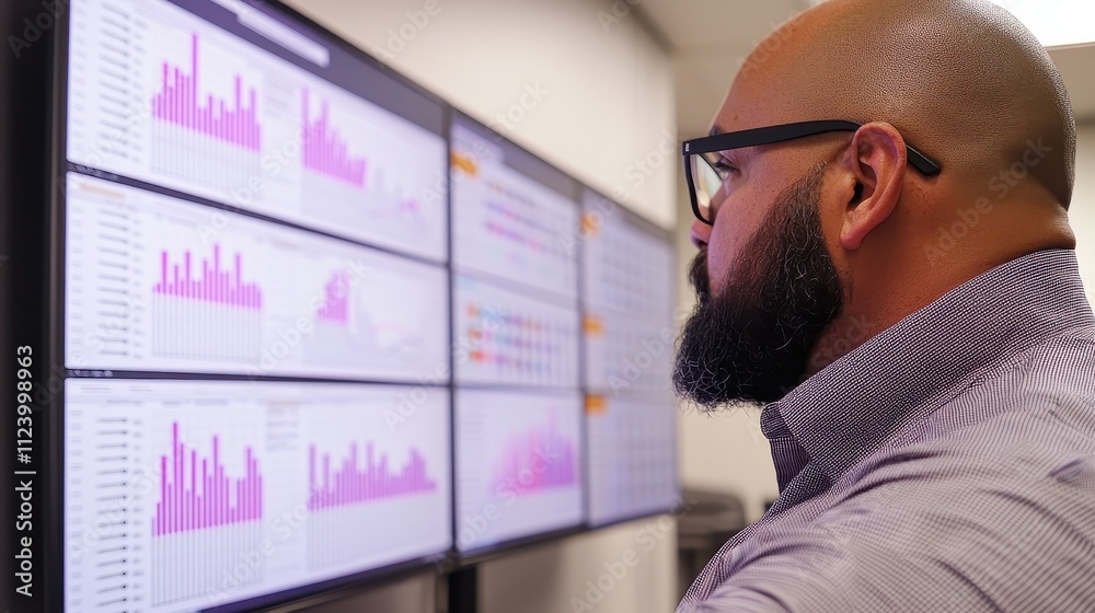 Poster a focused individual analyzing data visualizations on multiple screens in a modern workspace, highli