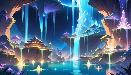 a digital painting of a waterfall with a glowing light.