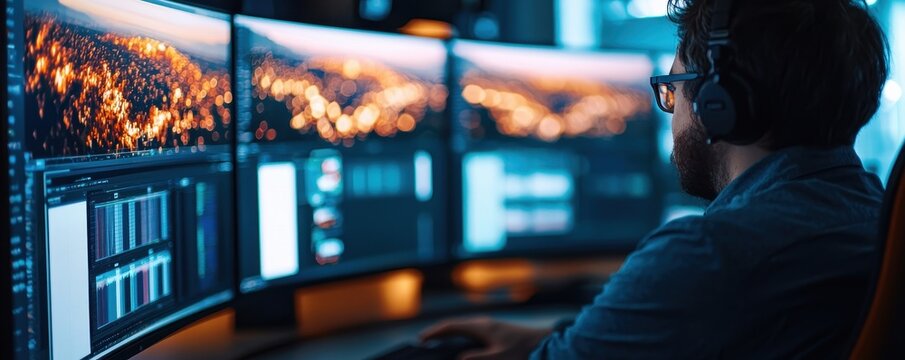 A focused individual working on multiple computer monitors, displaying data and visualizations in a dimly lit environment.