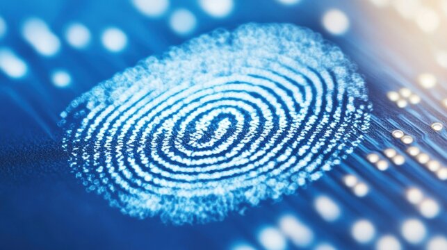 High-tech digital fingerprint identification displayed on a blue circuit, illustrating modern security technology and biometric systems
