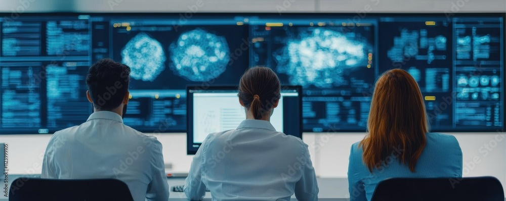 Poster three medical professionals observe multiple screens displaying complex data and brain scans in a hi