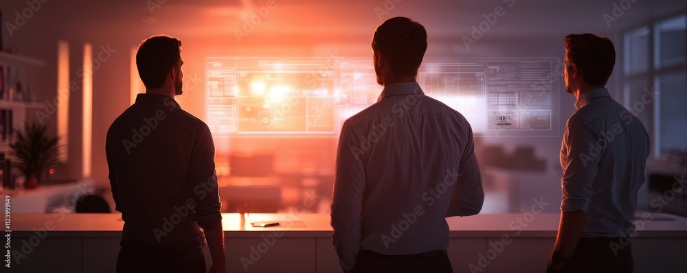 Poster three professionals observe a glowing digital display in a modern office, highlighting teamwork and 