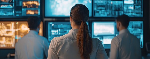 A group of individuals in white shirts observes multiple screens displaying data and information in a high-tech environment.