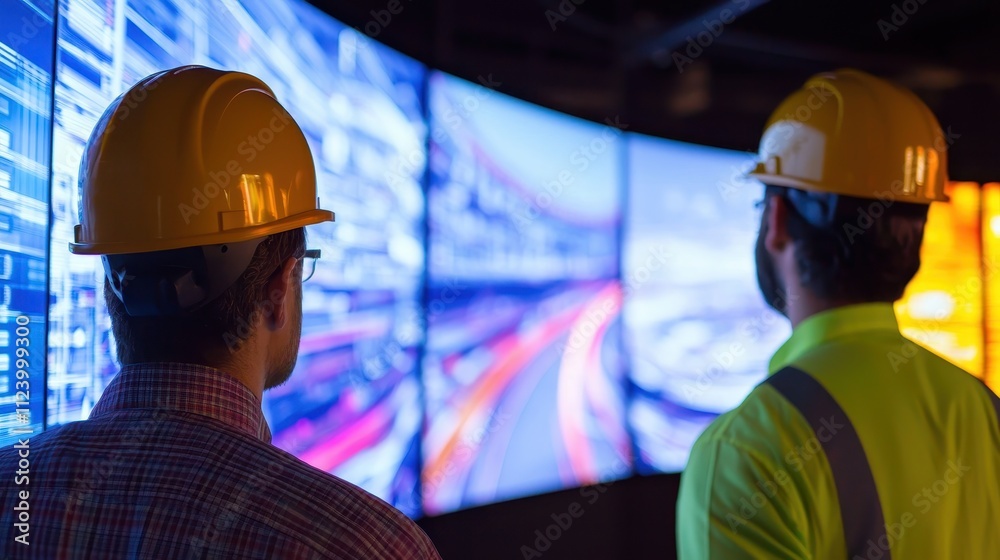 Poster two workers in hard hats observe large digital displays, showcasing data and analytics in a high-tec