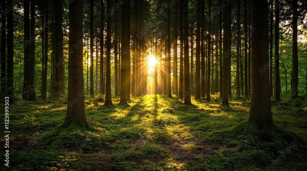Poster a serene forest scene with sunlight streaming through tall trees, creating a tranquil atmosphere.