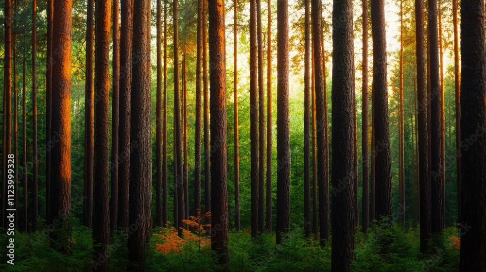 Poster Sunlight filters through tall trees, creating a serene forest atmosphere filled with nature.