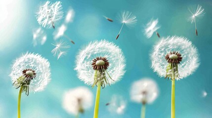 Obraz premium nature close-up, floating dandelion wisps, delicate seed structure, soft focus background, tender morning light, garden bokeh effect, wind-blown seeds, organic movement, dreamy nature scene