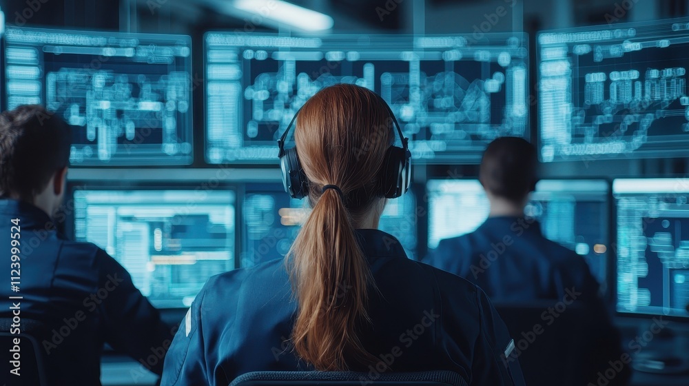 Poster a team of professionals in headsets monitors multiple computer screens displaying data and graphics 
