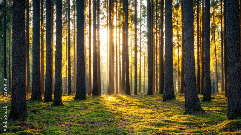 Poster Sunlight filters through tall trees in a serene forest, creating a peaceful atmosphere.