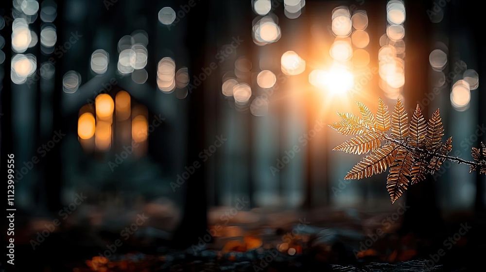 Poster a tranquil forest scene illuminated by warm sunlight filtering through trees.