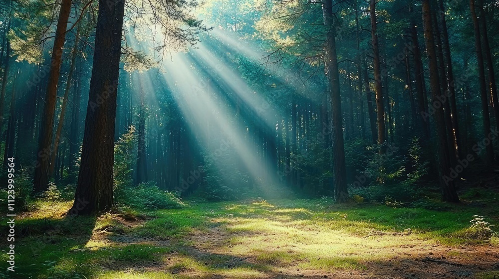 Poster sunlight streams through tree canopies in a serene forest landscape.