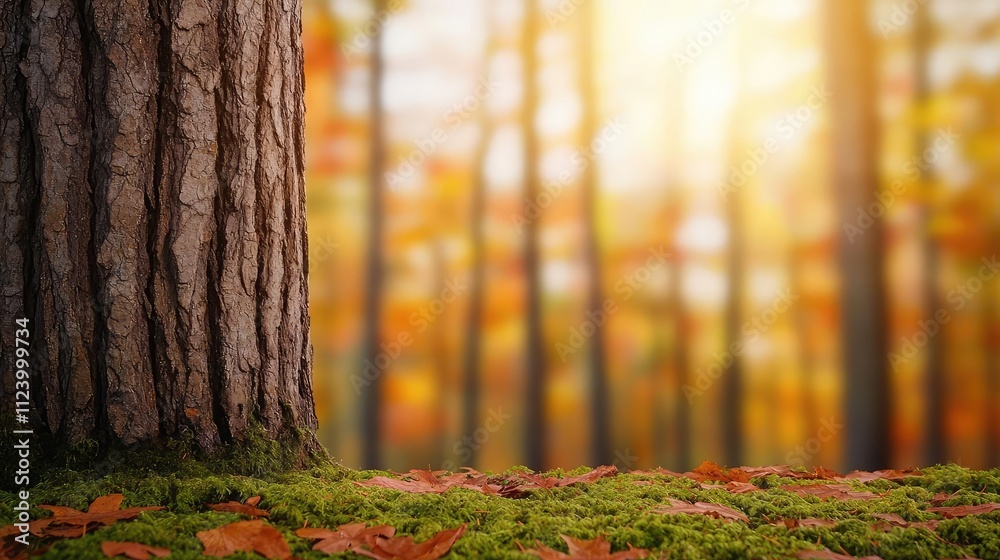 Poster A serene forest scene with a tree trunk, autumn leaves, and soft sunlight filtering through.