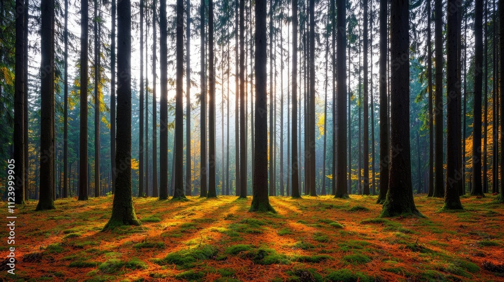 Poster A serene forest scene with tall trees illuminated by gentle sunlight filtering through.