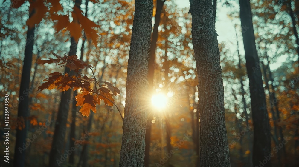 Poster sunlight filters through autumn trees, casting a warm glow in a tranquil forest setting.