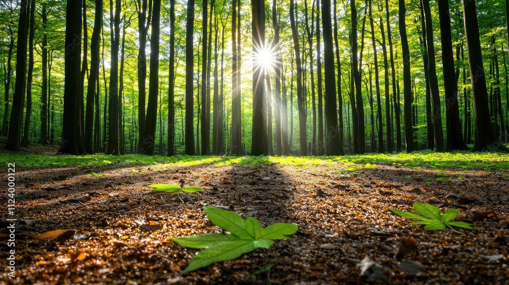 Poster a tranquil forest scene with sunlight filtering through tall trees onto the forest floor.