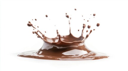 Fototapeta premium Melting chocolate forms a dynamic splash, showcasing rich texture and color on a clean white surface, emphasizing its delicious appeal