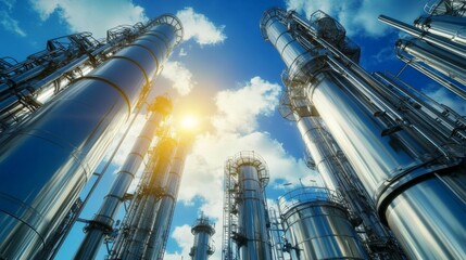 Brightly lit industrial scene showcasing towering refinery structures against a clear blue sky. 