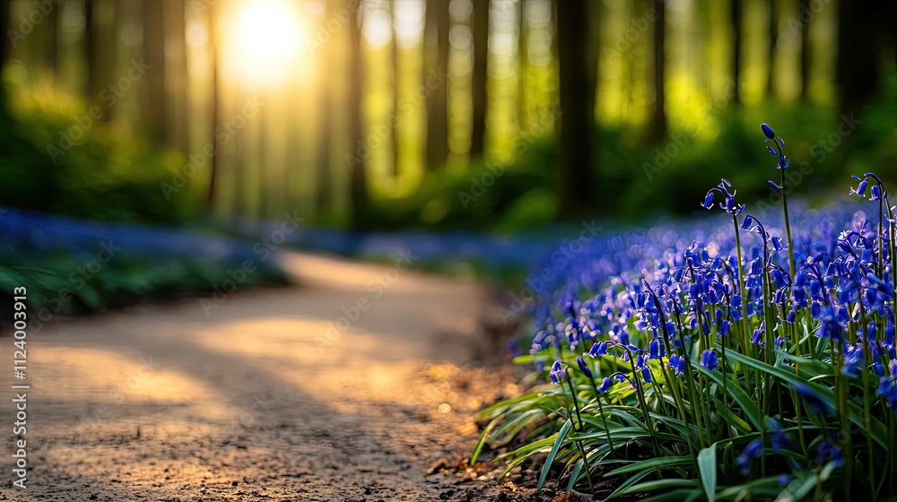 Aufkleber a serene forest path adorned with bluebell flowers and sunlit trees in the background.