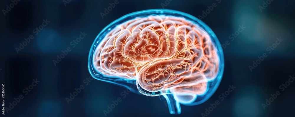 Poster a detailed illustration of a brain with glowing neural pathways to show activity.