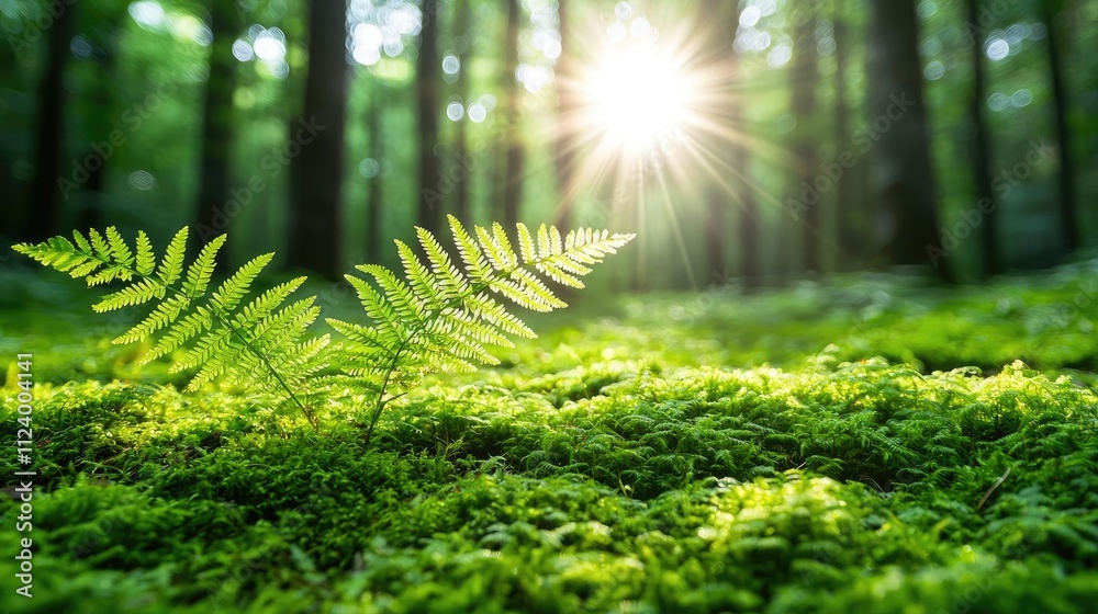 Poster sunlight filters through trees, illuminating lush ferns in a vibrant green forest.
