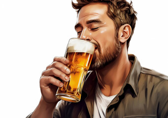 Handsome young man drinking beer. Isolated over white background.
