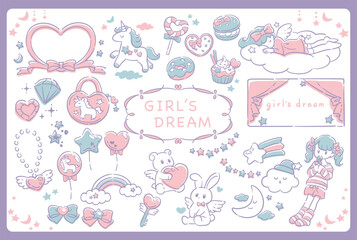 ゆめかわ、ガーリーなパステルトーンのイラスト素材。フレームも。ベクターイラスト素材。