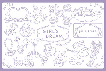 ゆめかわ、ガーリーなパステルトーンのイラスト素材。フレームも。ベクターイラスト素材。