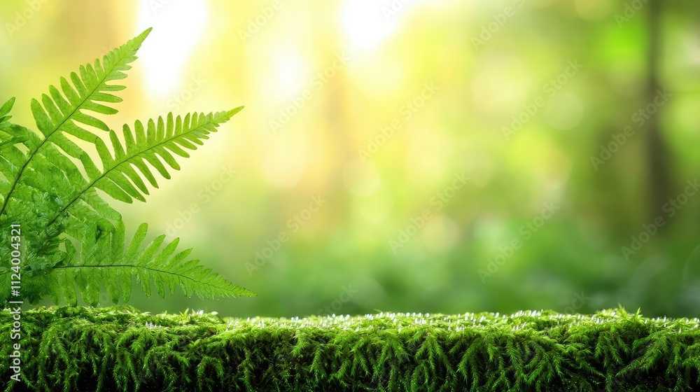 Poster lush green ferns growing in a vibrant forest with soft sunlight filtering through.