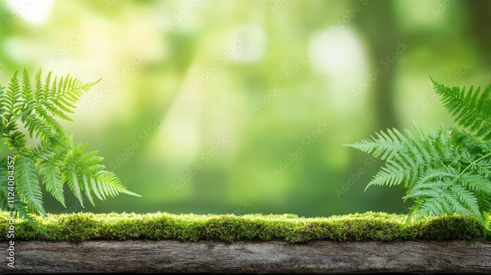 Poster lush green ferns and moss growing on a log in a serene forest background.