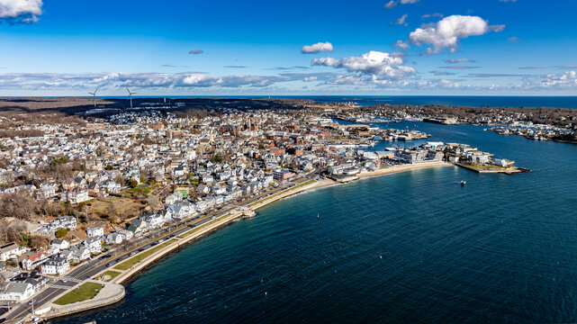 Gloucester, MA, USA - November 29, 2024:  Autumn aerial, drone, photo of the City of Gloucester, Massachusetts, MA, USA.	