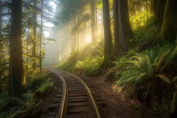Obraz premium Misty Forest Path with Train Tracks in Lush Greenery Surrounded by Tall Trees and Soft Sunlight Creating a Serene and Tranquil Atmosphere in Nature