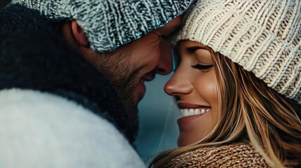 A joyful couple sharing a loving moment in winter attire, embracing warmth and connection.