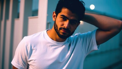 Fototapeta premium Confident Man in White T-Shirt: Perfect for Lifestyle, Fashion, and Advertising Campaigns