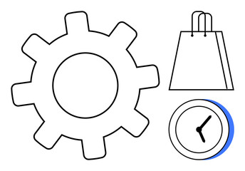Abstract gear symbol, shopping bag, and clock illustrating themes of efficiency, productivity, commerce, and time management. Ideal for business strategy, online shopping, schedule planning
