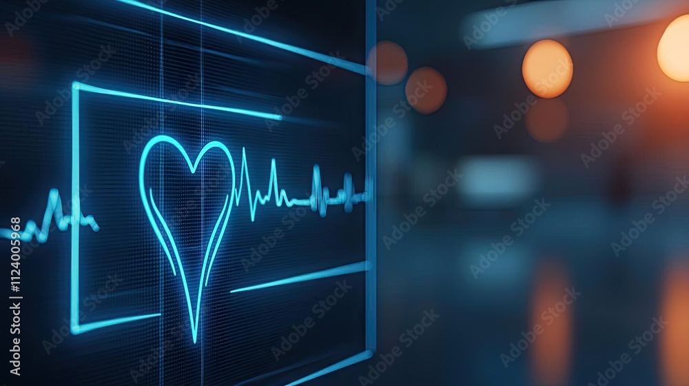 Poster digital heart monitor display showing heartbeat in blue lines against a blurred background.
