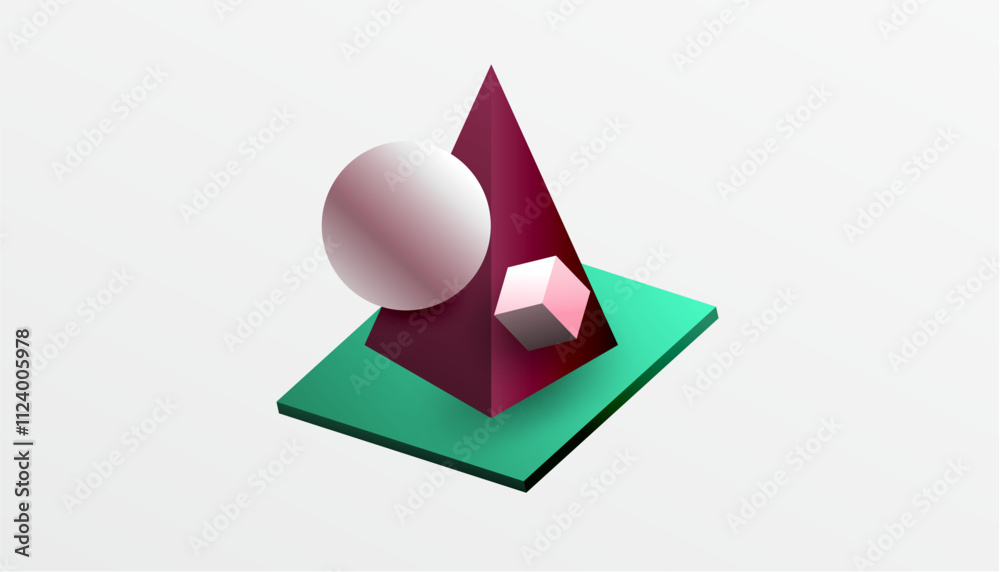 Poster Abstract design showcasing isometric cubes, pyramids, squares, and spheres in a vibrant 3D layout. Modern and dynamic, perfect for tech, design, or futuristic themes