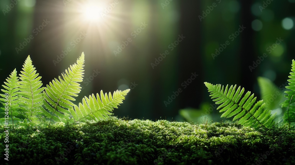 Aufkleber fresh green ferns illuminated by sunlight in a tranquil forest setting.
