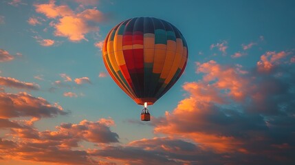 Obraz premium A vibrant hot air balloon soaring through a colorful sunset sky.
