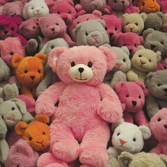 Colorful collection of plush teddy bears indoor toy display cute environment wide angle view fun concept for kids